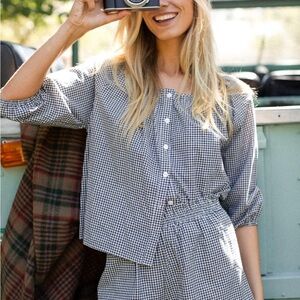 Marea Sophie Button-Front Blouse in Navy & White Mini Gingham